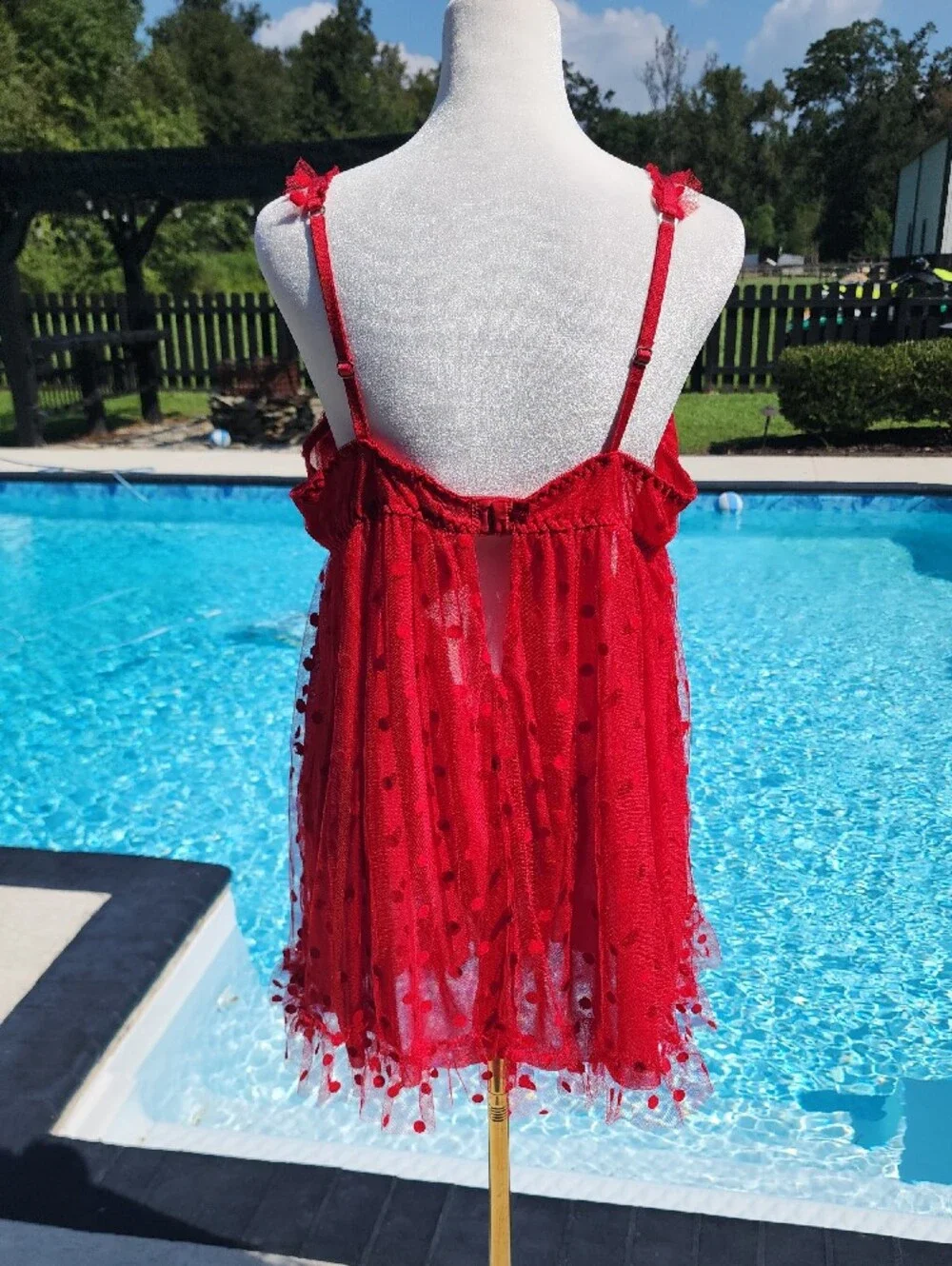 Red Polka Dot Mesh Babydoll Chemise with Ruffle Straps